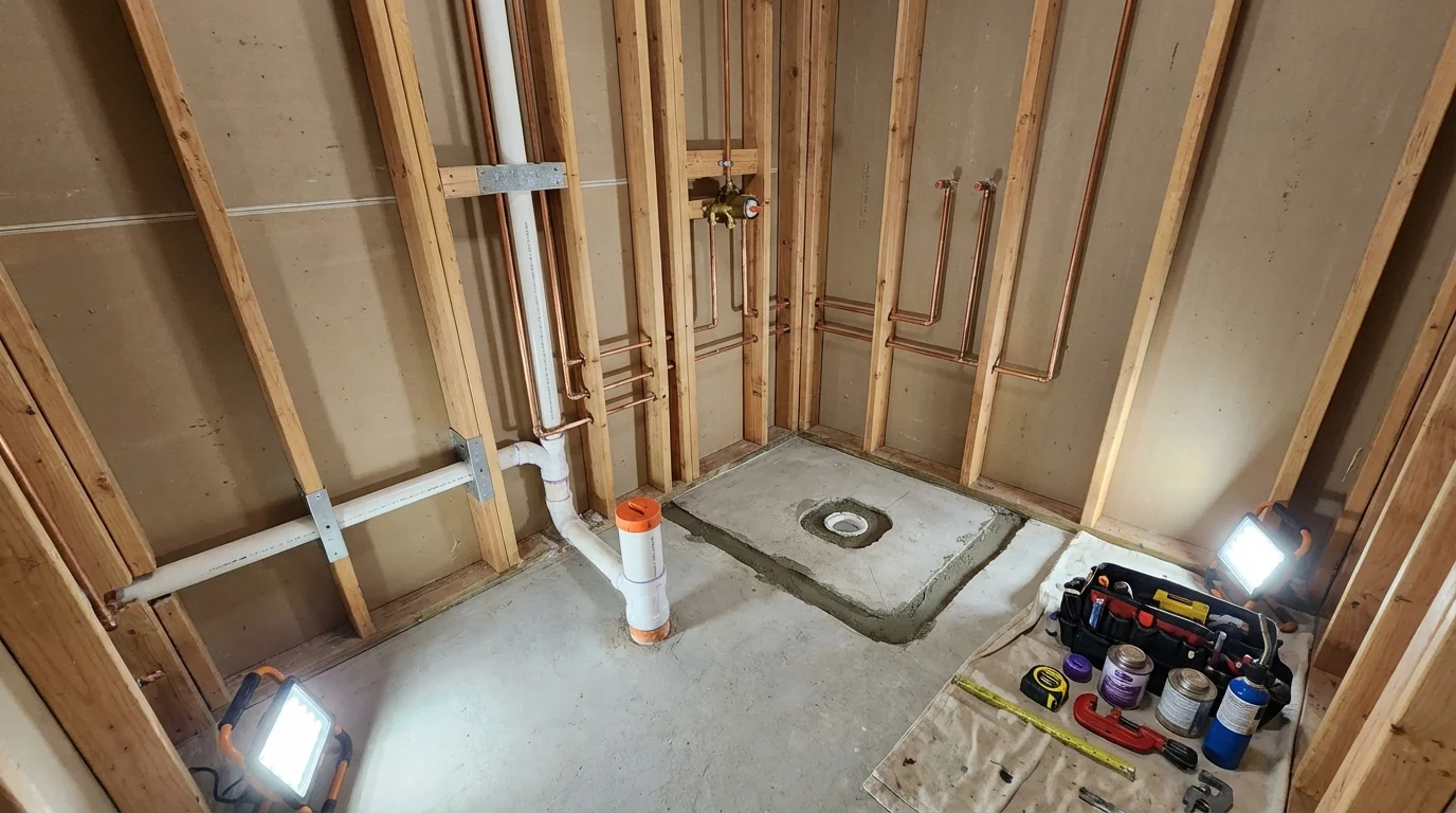 Bathroom rough-in plumbing during remodel by Johns Plumbing LLC in Yacolt