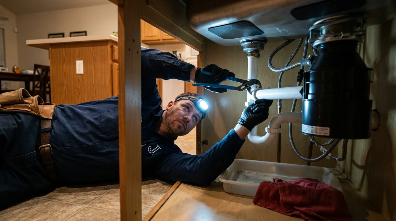 P-trap and supply line connections under a kitchen sink showing a common leak point in Yacolt, WA